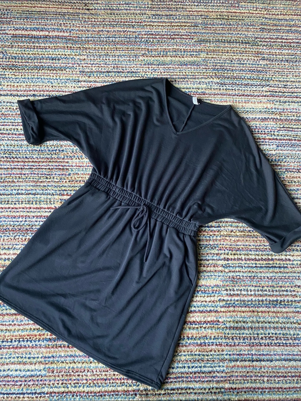 2 Hearts Black French Terry Dolman Sleeve Mini Dress with Drawstring Waist